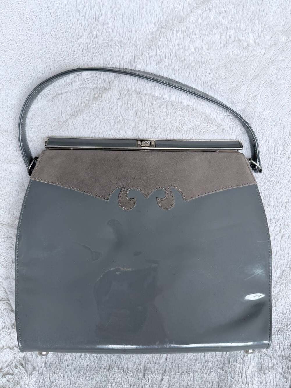Vintage Grey Patent Leather and Suede Top Handle Handbag with Mirror
